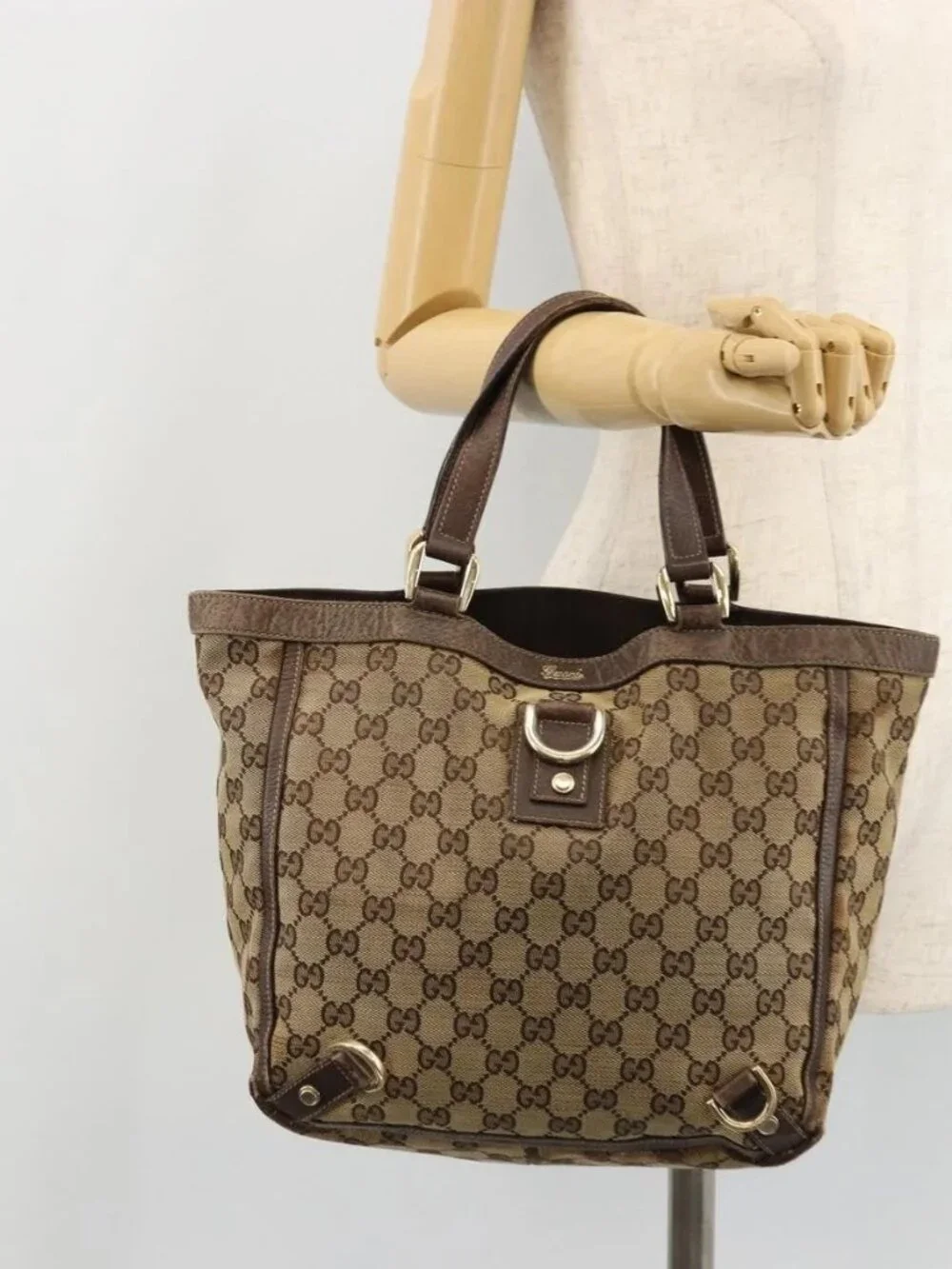 GUCCI GG Canvas Abbey Hand Bag Beige Gold 130739 Auth 175609